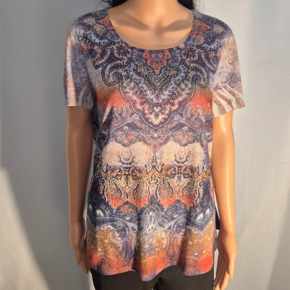 EST. 1946 studded top, brown-orange-purple, in size Large
